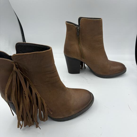 Steve Madden Boots Womens 8.5 Woodstock Brown Leather Fringe Bootie Block Heel C - Picture 6 of 9